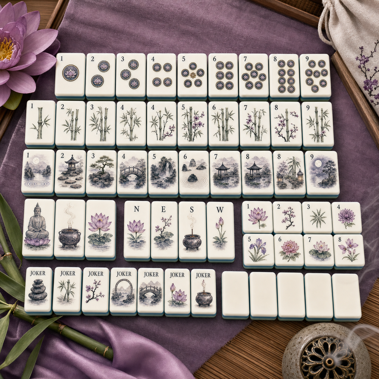 Plum Noir Zen Garden Mahjong Tile Set - Tile Template