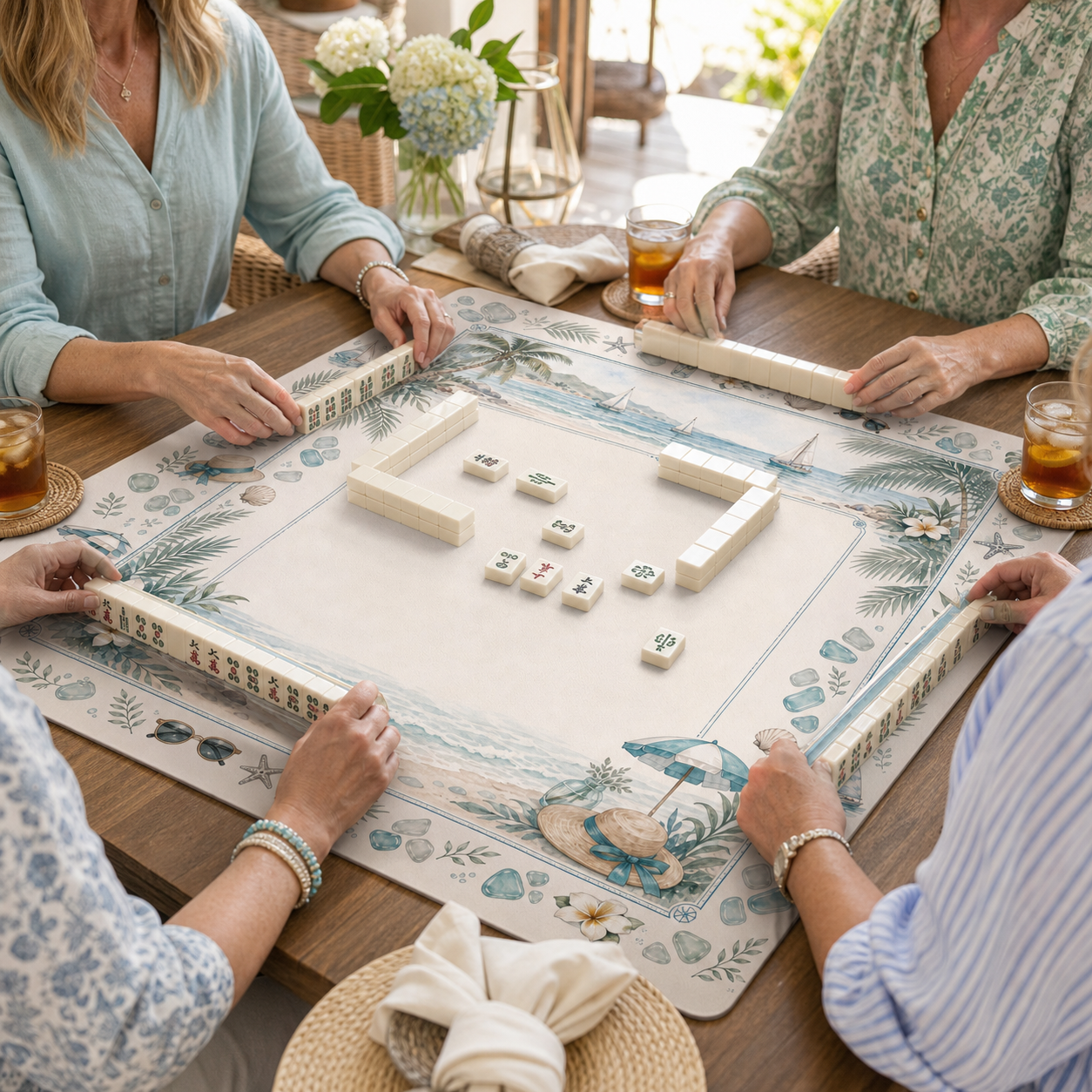 Blue Willow Chinoiserie Mahjong Mat game night scene