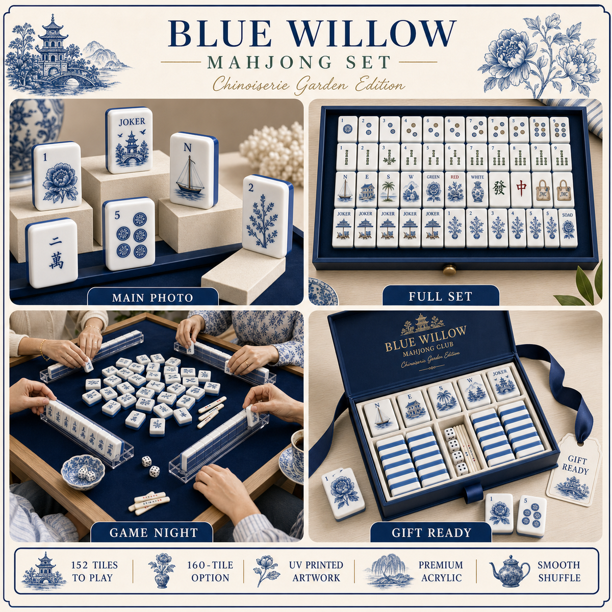 Blue Willow Chinoiserie Mahjong Tile Set