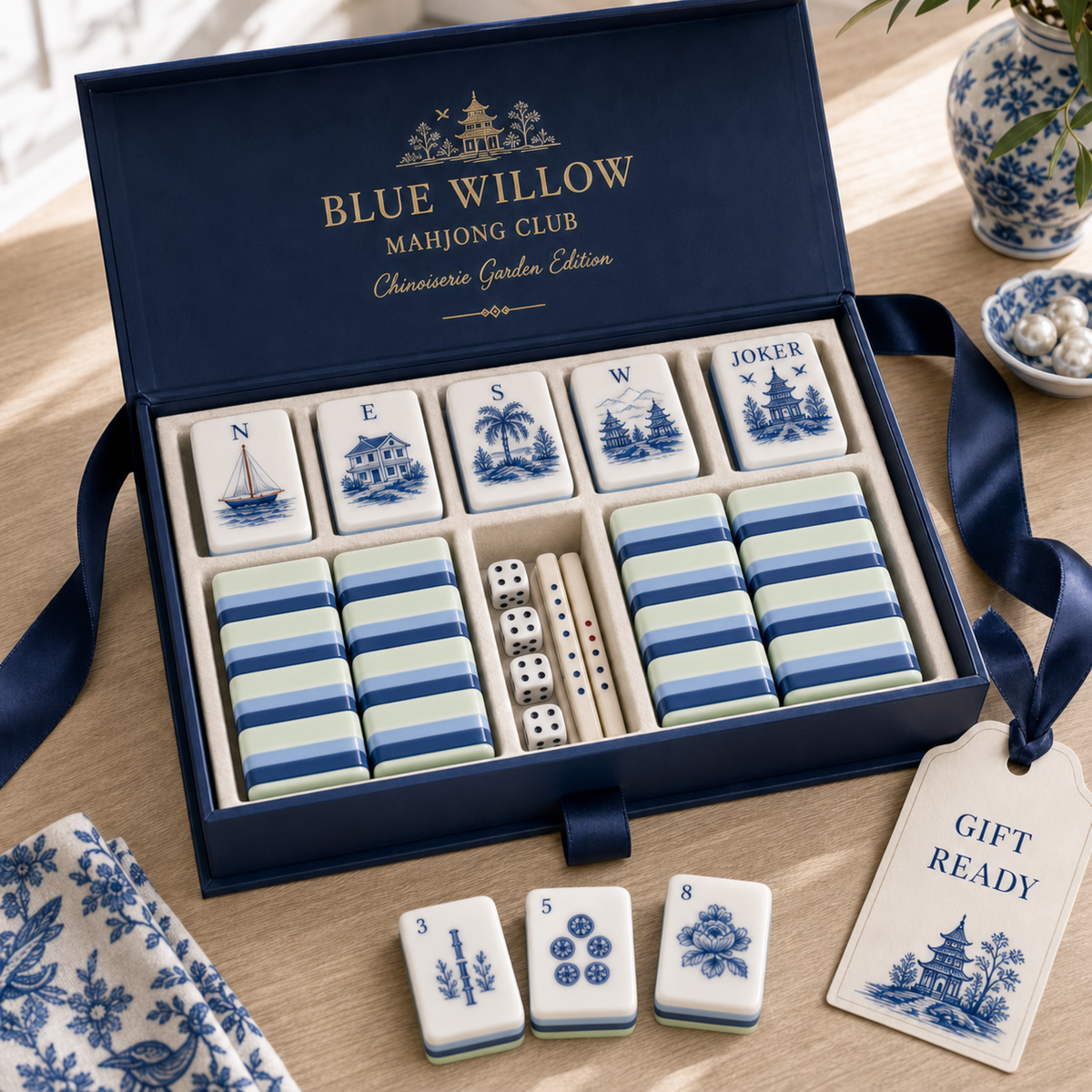Blue Willow Chinoiserie Mahjong Tile Set - Gift Ready Box