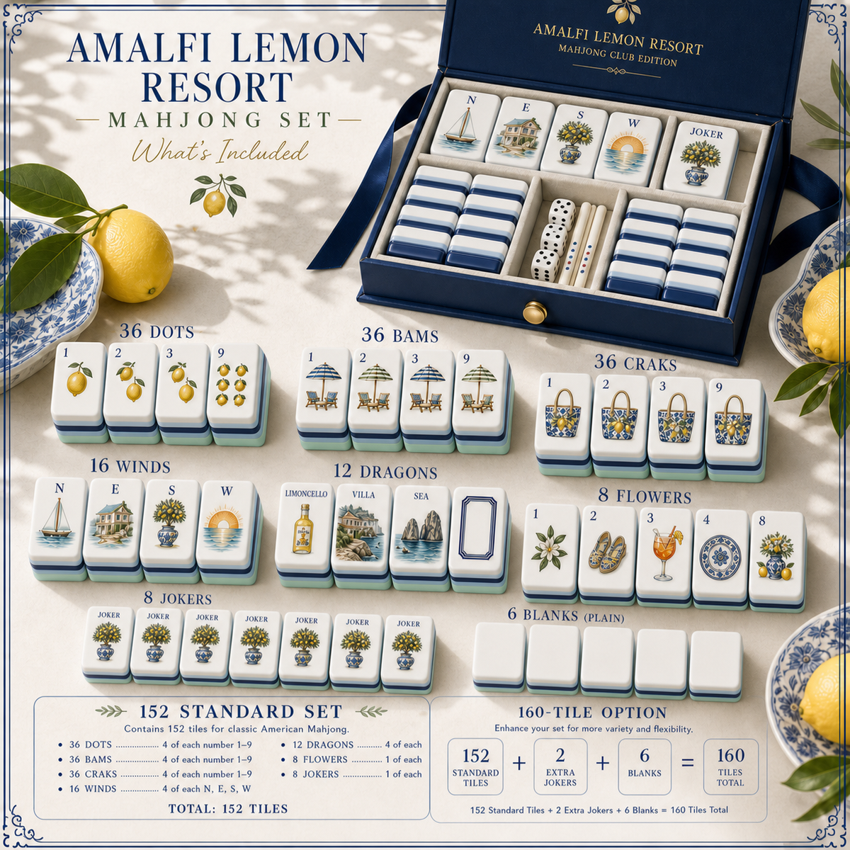 Amalfi Lemon Resort Mahjong Tile Set - What's Included