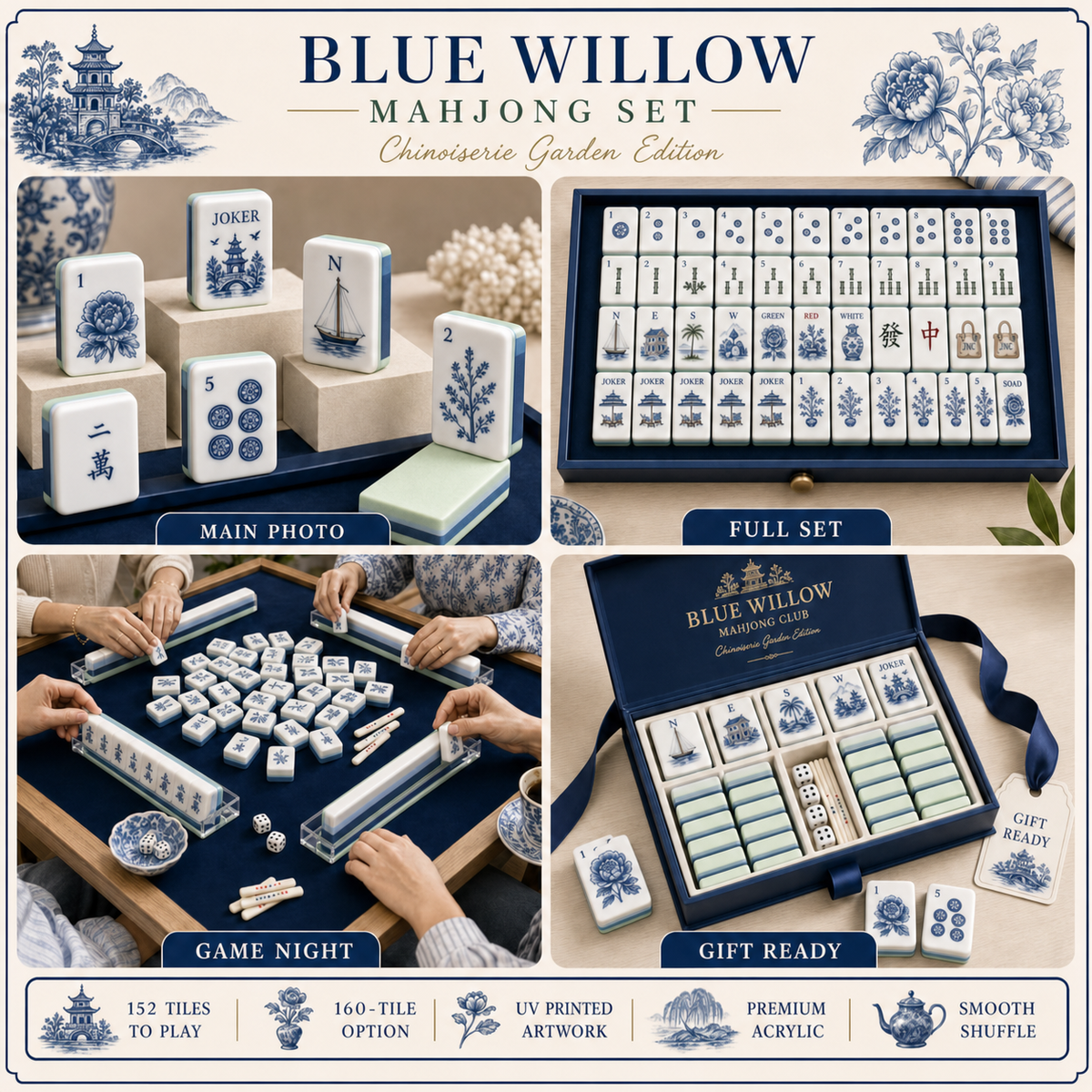 Blue Willow Chinoiserie Mahjong Tile Set - Product Overview