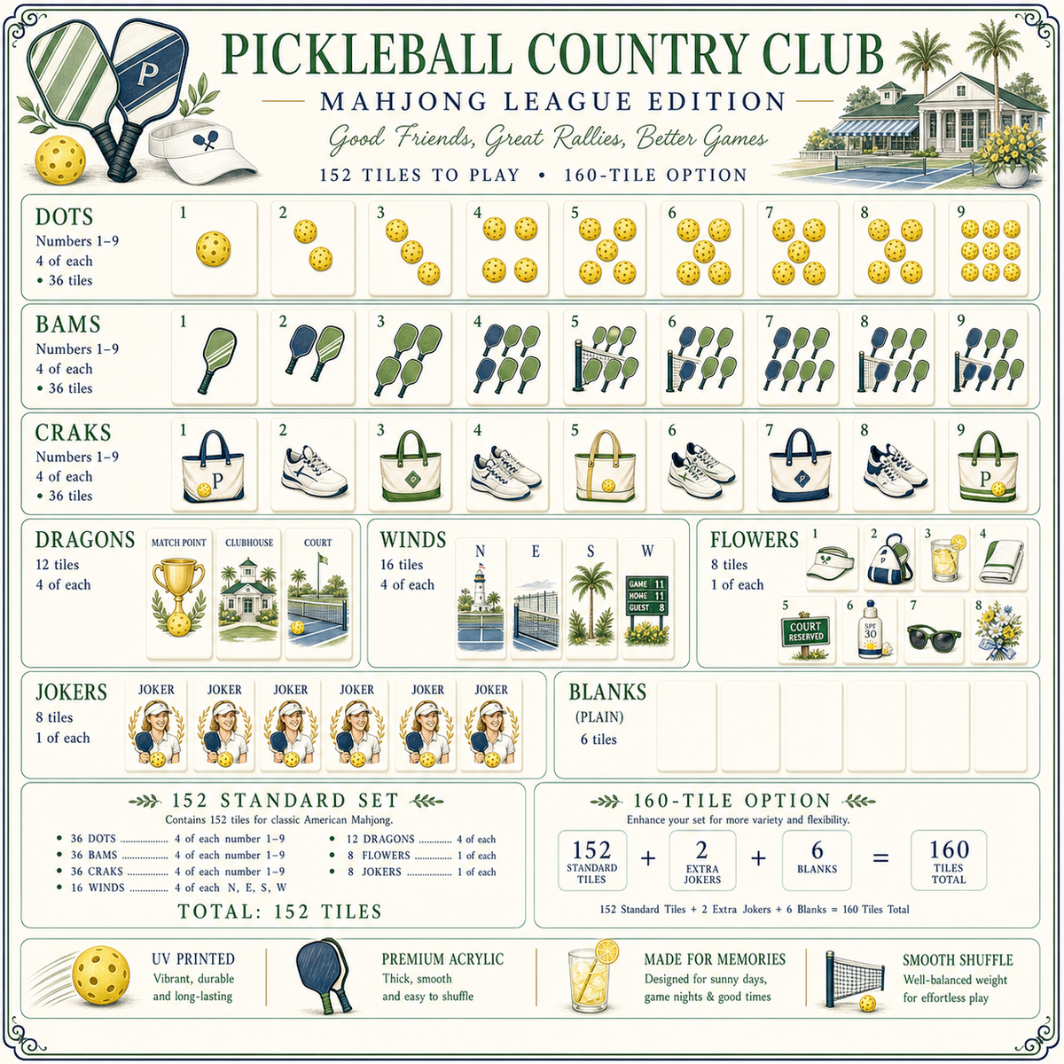 Pickleball Country Club Mahjong Tile Set - Tile Template