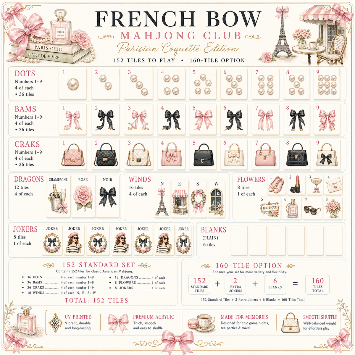 French Bow Coquette Mahjong Tile Set - Tile Template