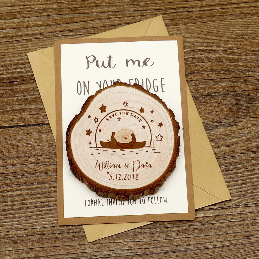 Personalize Couple In The Night Wooden Save the date Magnets, Rustic Wedding Magnet favors,Custom Wedding Kissing Couple with Boat Wooden Slice Magnets