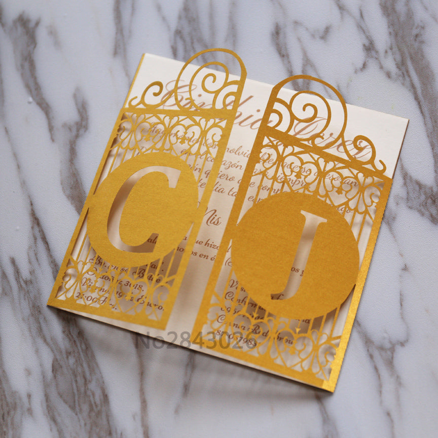 Gold Celtic Gate Laser Cut Wedding Invitation,Great Gatsby style invitations, personalized gate folded cards