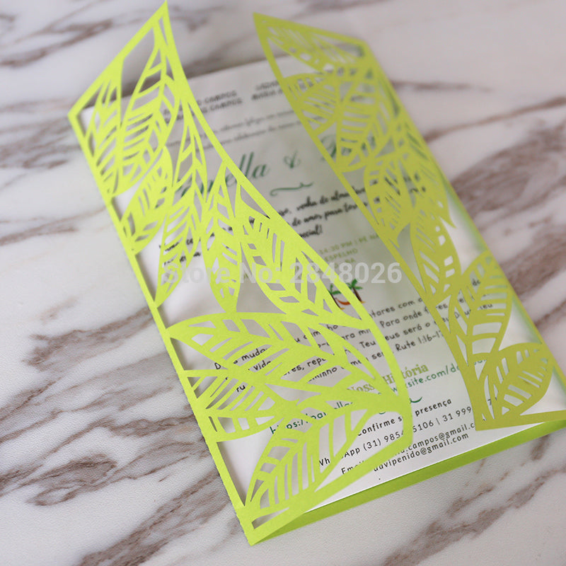 Customized tropical Leaves Leaf Laser Cut Wedding Invitation,palm tree style invitations, personalized printed folded cards