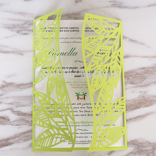 Customized tropical Leaves Leaf Laser Cut Wedding Invitation,palm tree style invitations, personalized printed folded cards