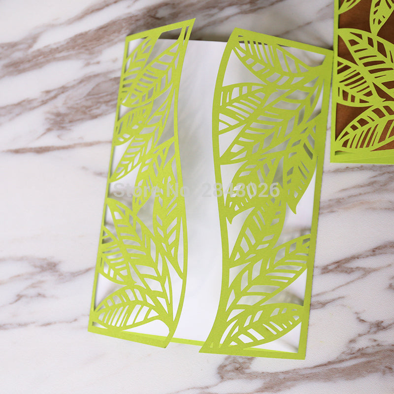Customized tropical Leaves Leaf Laser Cut Wedding Invitation,palm tree style invitations, personalized printed folded cards