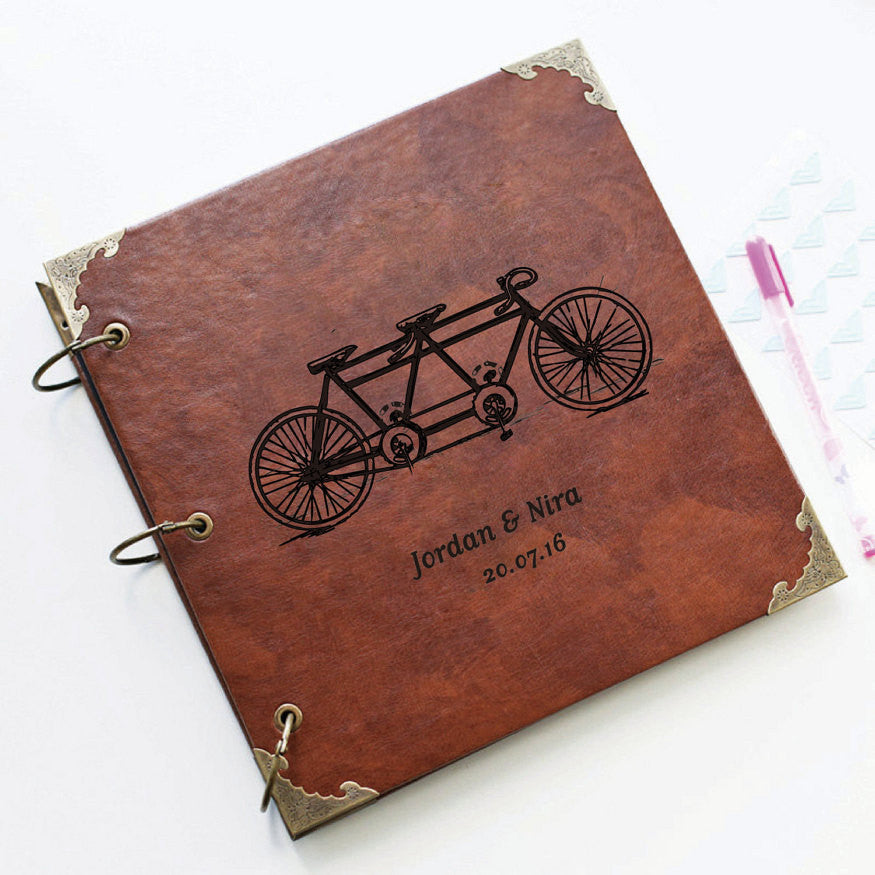 Personalized Tandem Bicycle Engraved Leather Photo Album/ Personalized Scrapbook Album /Wedding Guestbook/ guest book/Wedding gift book