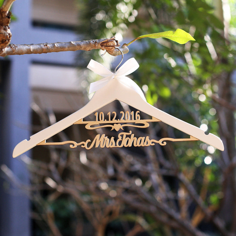 Wood wedding dress hanger for bride bridesmaid, custom wedding hanger with name and date, bridal shower gifts, wedding hanger with bow, personalized name hanger