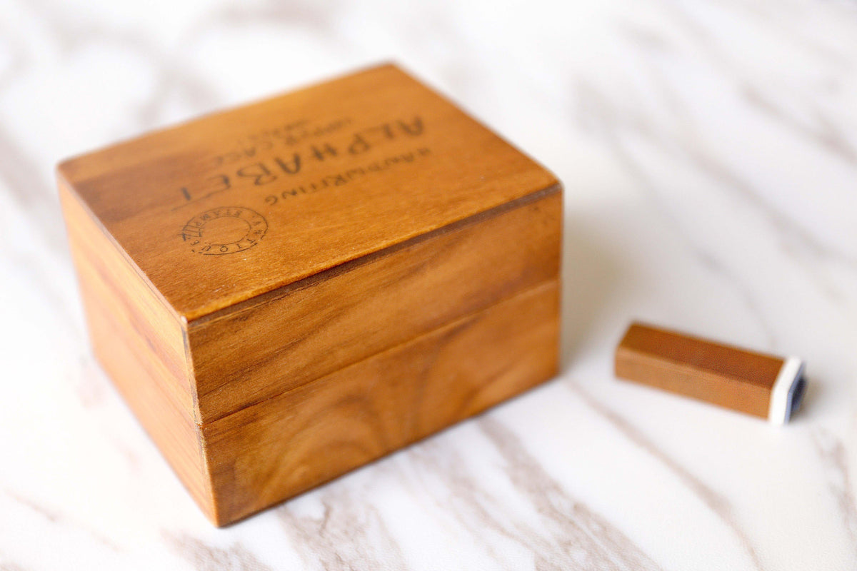 Vintage Alphabet Stamp Set / Wood Rubber Stamp /Clay Stamp /Box uppercase handwritten Alphabet stamps box/