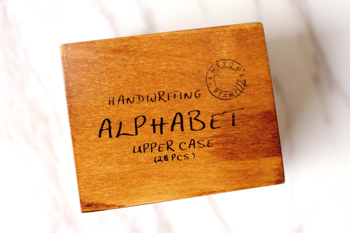 Vintage Alphabet Stamp Set / Wood Rubber Stamp /Clay Stamp /Box uppercase handwritten Alphabet stamps box/