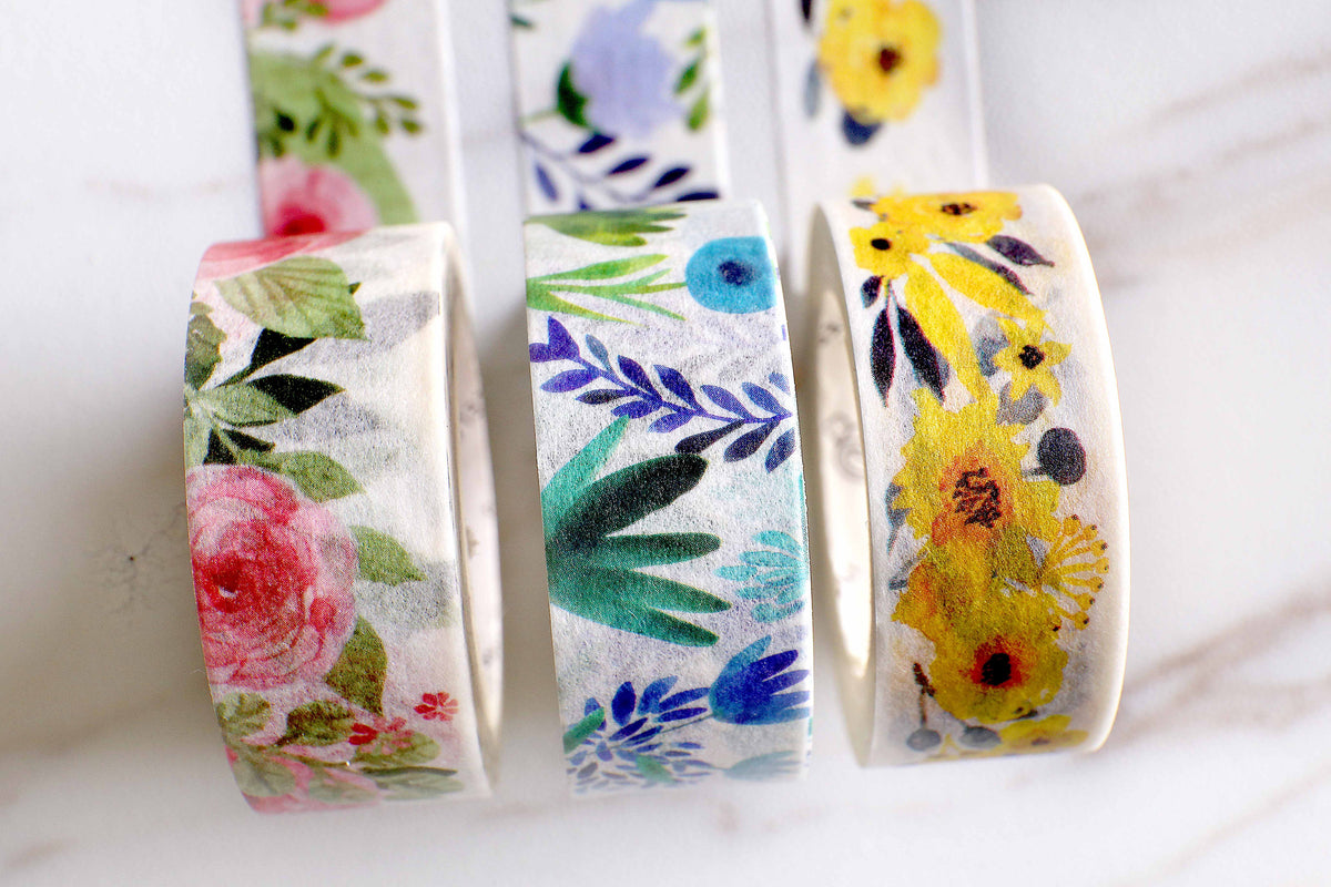 Set of 3 flowers washi tape/Yellow Floral Washi Tape/purple flower washi tape/Blossom Washi tape /Striped Washi  tape