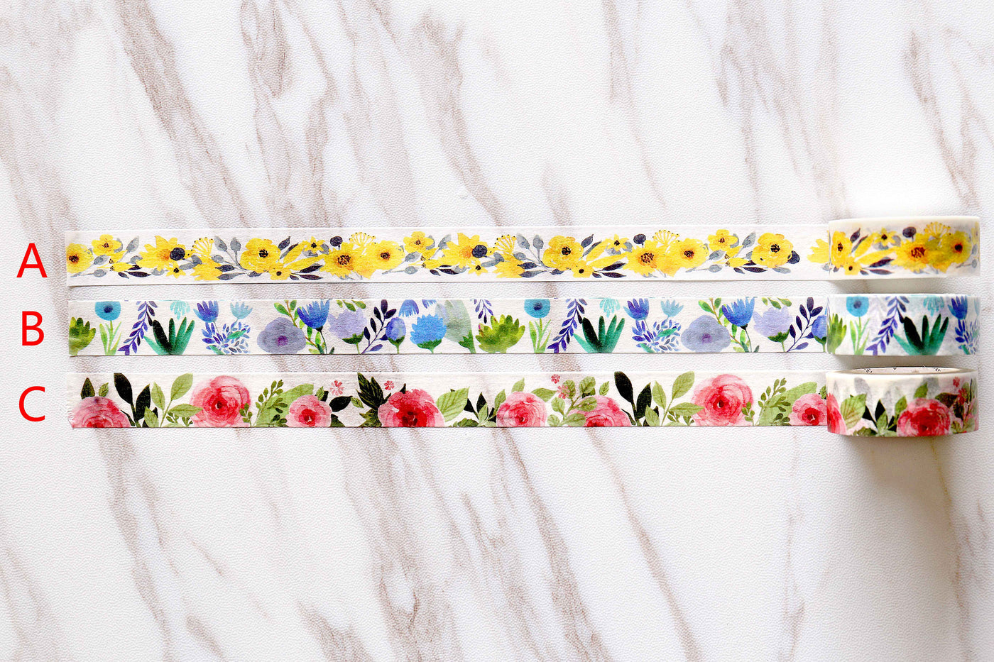 Set of 3 flowers washi tape/Yellow Floral Washi Tape/purple flower washi tape/Blossom Washi tape /Striped Washi  tape