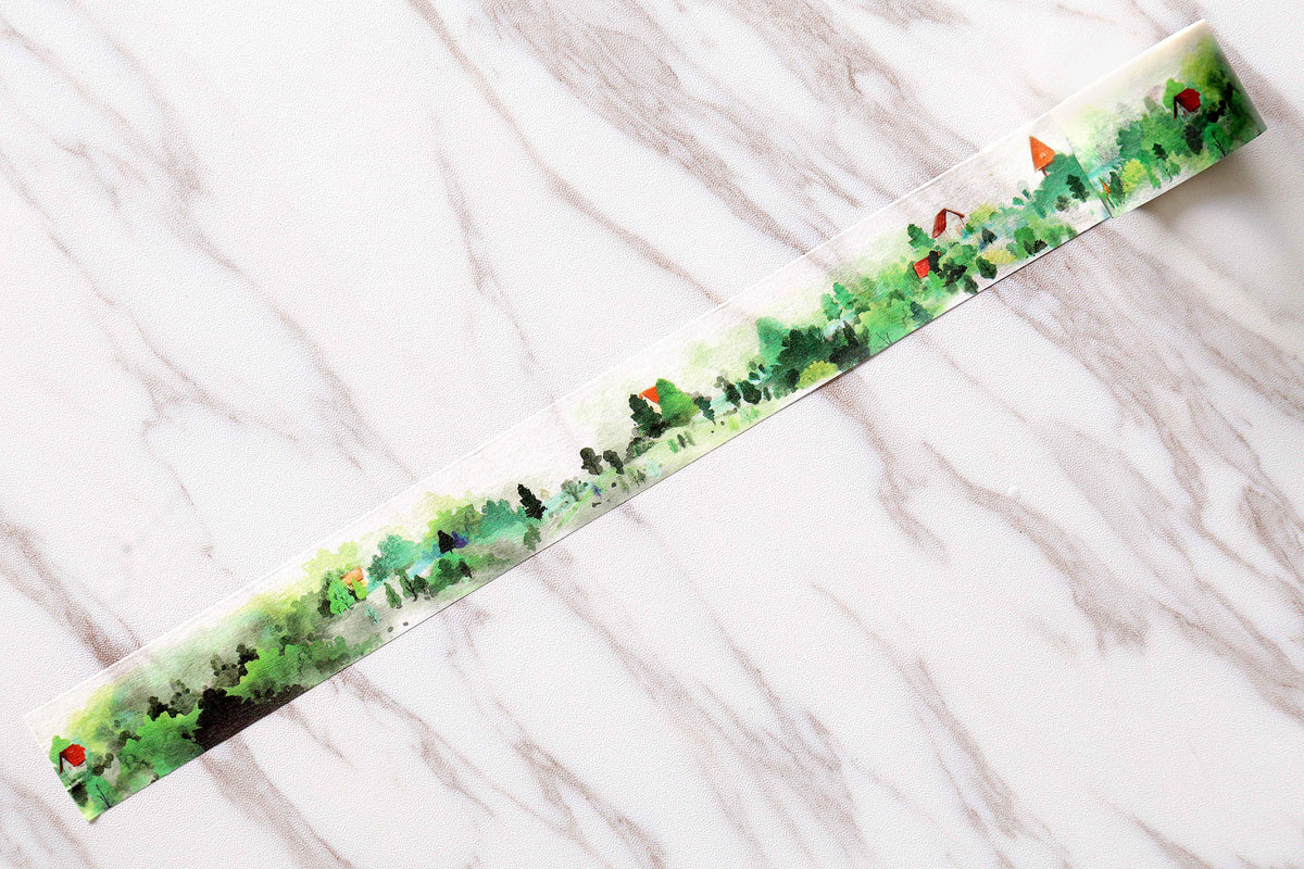 green mountain tape / Hills washi tape/ Spring Nature tree/Leaves Landscape/Green village Watercolor fairy tale Landscape
