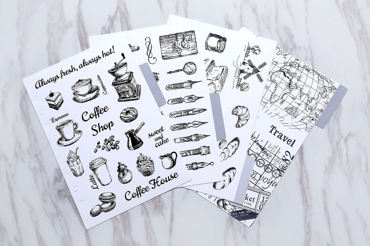 Set of 4  Coffee Shop  Planner dividers/pencil and bags  A5 size paper planner dividers/bread  planners dividers/world map planner dividers