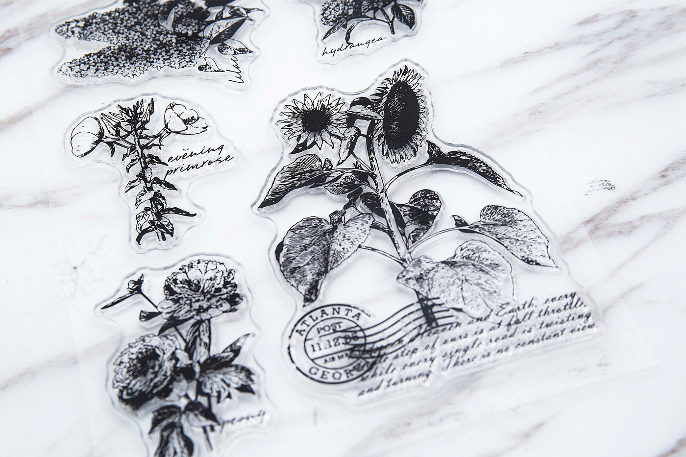 Sunflowers Clear Rubber Stamp/Flora Fauna clear Stamp/Hydrangea, Lilac, Peony, Evening Primrose flowers transparent  stamp/botanical stamps