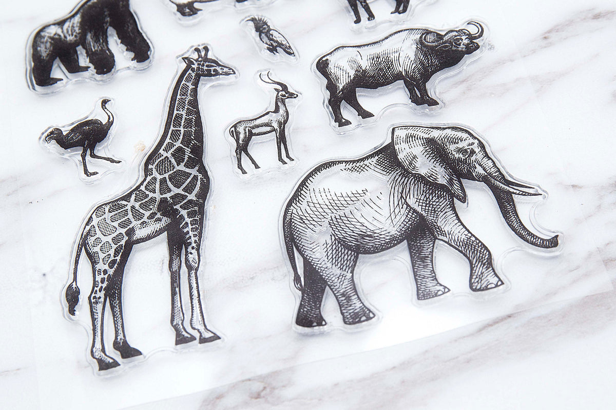 Animal Kingdom Stamp/Realistic Handdrawn Animals Stamp/Zoo Clear Transparent Stamp/ Planner Bullet Journal, Elephant, Giraffe, Rhino,Zebra