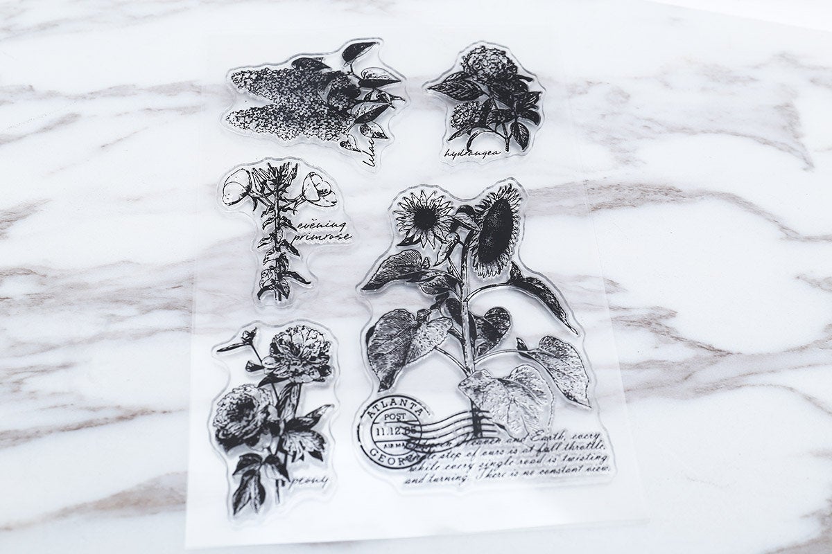 Sunflowers Clear Rubber Stamp/Flora Fauna clear Stamp/Hydrangea, Lilac, Peony, Evening Primrose flowers transparent  stamp/botanical stamps