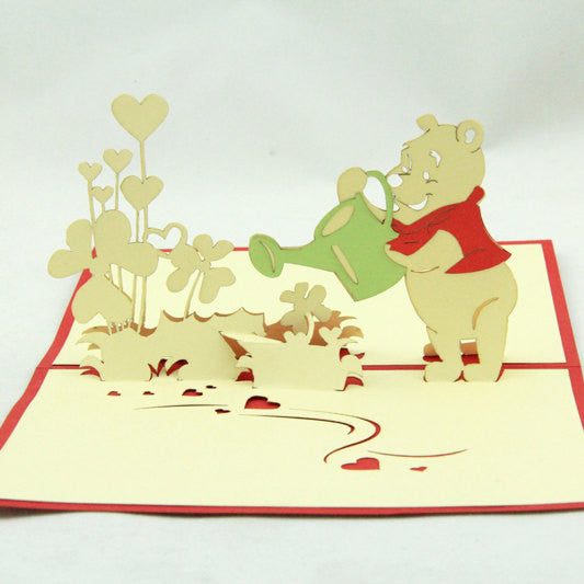 Bear  in Pop up card greeting card  3d gift card watering flower cartoon