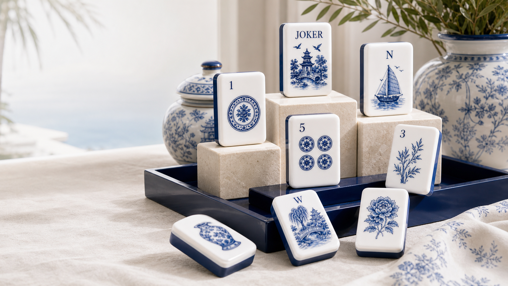 Blue Willow Chinoiserie Mahjong tile set